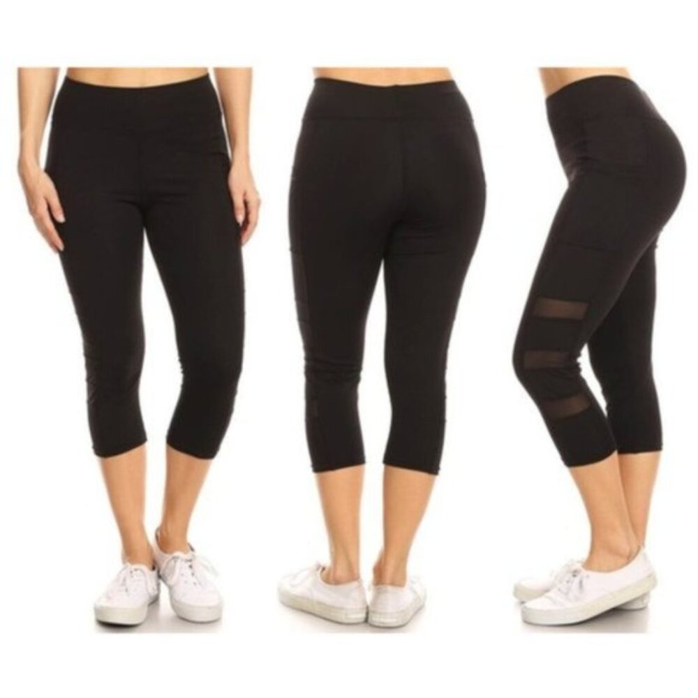 Jvini Capri Leggings Womens Size S Black High Waist Mesh Panels Pockets New